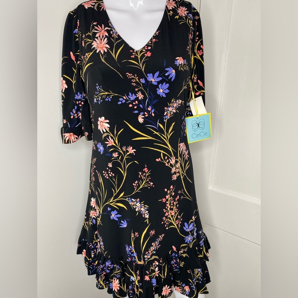 CeCe NWT Black Floral Ruffle Dress - Picture 3 of 9